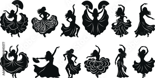 Spanish flamenco dancer silhouettes collection with traditional dresses and fans vector graphics for cultural events performance arts festivals and creative professional design projects