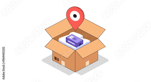 Open Cardboard Box with Item and Location Pin.