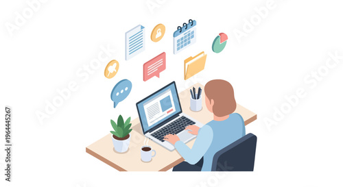 Person working on laptop with digital icons floating around.