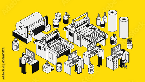Printing Factory Production Line with Workers and Machinery.
