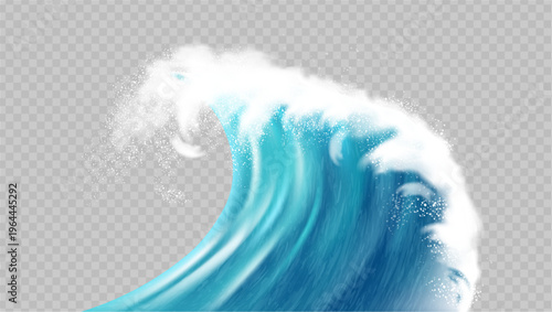 Marine seascape landscape design, isolated wave with foam and water splashes. Vector realistic curvy shape of ocean or sea liquid. Forceful power and motion, swirl for surfers on vacation