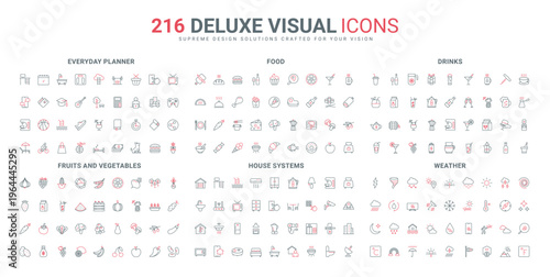 Planner mobile app, food and drink, weather forecast line icons set. Access to home system and CCTV, smart technology, garden crop selection thin black and red outline symbols vector illustration