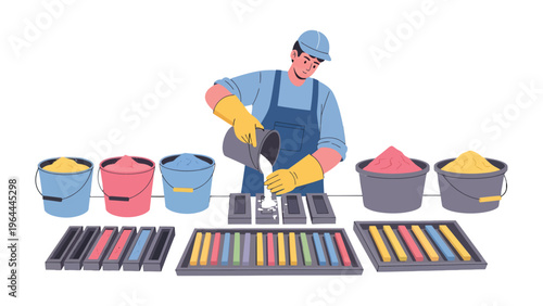 Artisan at Work: An artisan meticulously pours a mixture into molds, surrounded by colorful pigments, suggesting a creative process and the crafting of unique items.