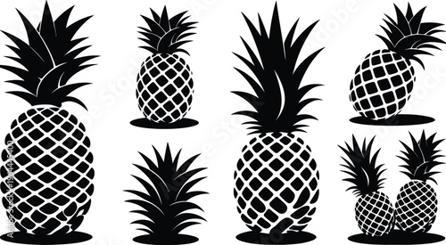 Pineapple icons flat vector silhouette, close-up with varied scales and overhead oval shadows, minimal tropical decorative arrangement illustration.