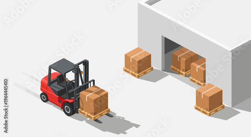 Red forklift loading boxes onto pallets near warehouse loading dock.