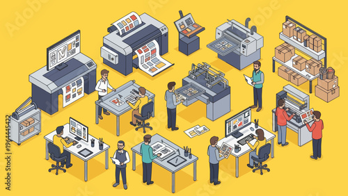 Printing press and office equipment isometric illustration with people working.