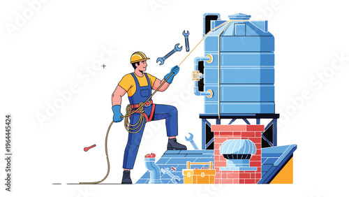 Water Tank Maintenance: A skilled technician, equipped with tools, diligently inspects a water tank, ensuring its optimal condition, exemplifying expertise in maintaining critical infrastructure.