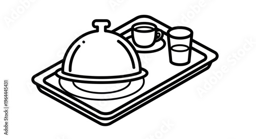 Room service tray with covered dish, cup, and glass.