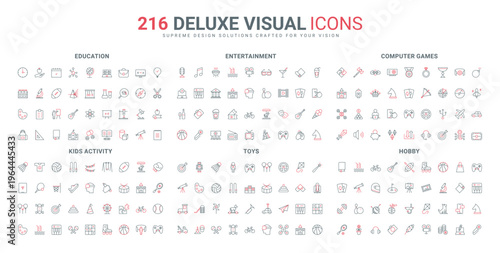 Kids playing with toys, sport training and hobby, learning on school lesson line icon set. Bowling, cinema theater and museum tickets, carousel thin black and red outline symbols vector illustration