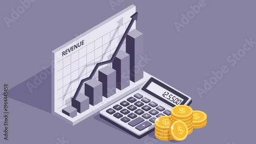 Revenue Growth Chart with Calculator and Gold Coins.