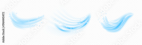 Air flow effect with shining, isolated set of air current or blowing of breath. Vector collection of realistic breeze flowing movement with shimmering, whiff with flickering. Gale and storm gust