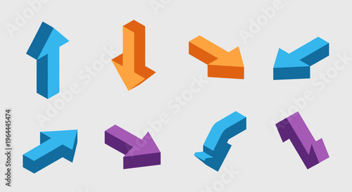Set of eight 3D isometric arrows in various colors and directions.