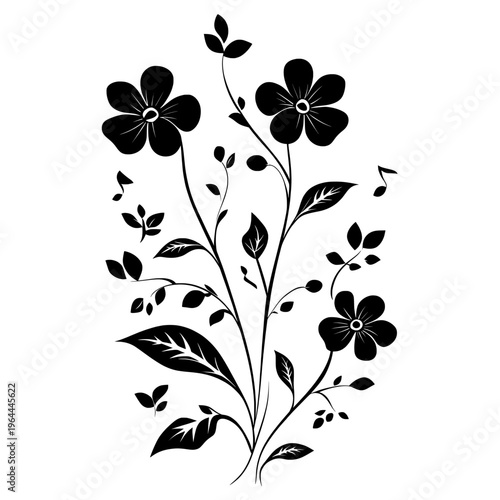 Silhouetted Flowering Plant with Large Blossoms Illustration