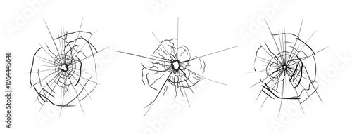 Glasses with visible holes and cracks or fractures in form of linear on surface. Vector broken window or monitor display, gadget screen or car windshield, gunshot effect in grunge style