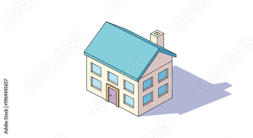 Simple Isometric Drawing of a Two-Story House with Blue Roof.
