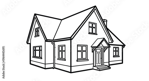 Simple Line Art Drawing of a Detached House with Pitched Roof and Windows.
