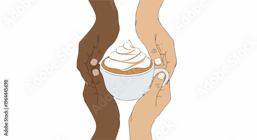 Diverse hands gently cradling a warm coffee cup with whipped cream, symbolizing unity, comfort, and shared moments across cultures.