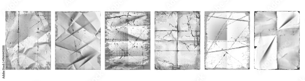 Fototapeta premium Monochrome crumpled paper with halftone pattern and grunge texture. Vector folded sheets with crease structure and distressed surface. Editorial layout or poster, album cover or collage composition