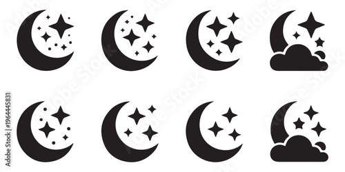 Night sky icons set with crescent moon and stars celestial elements different designs for astronomy apps