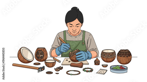 Artisan at Work: An artisan meticulously carves intricate designs into a coconut shell, showcasing traditional craftsmanship. The image captures the focus and skill required for this ancient art form.