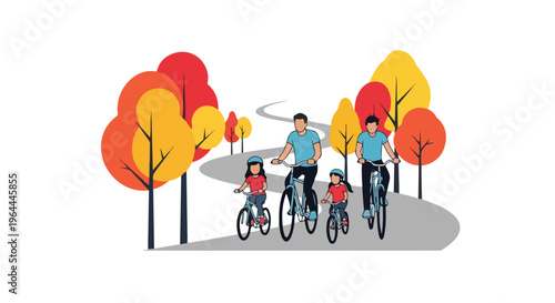 Illustration of a happy family, parents and children, enjoying a leisurely bike ride on a winding path surrounded by vibrant autumn trees.