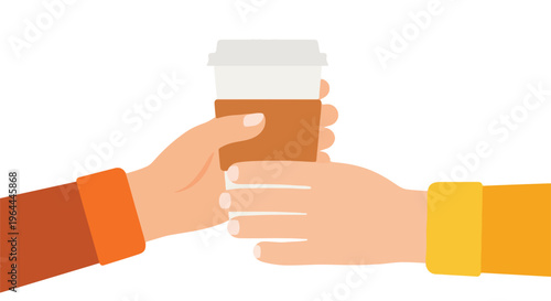 Illustration of two hands giving and receiving a takeaway coffee cup, representing service, transaction, delivery, and customer care.
