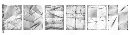 Monochrome crumpled paper with halftone pattern and grunge texture. Vector folded sheets with crease structure and distressed surface. Editorial layout or poster, album cover or collage composition