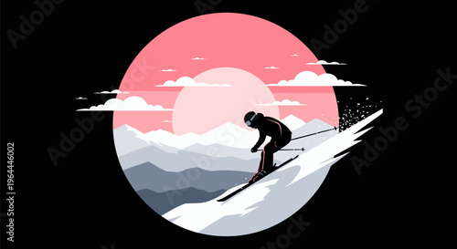 Dynamic Skier Descending Snowy Mountain Slope with Speed and Grace.