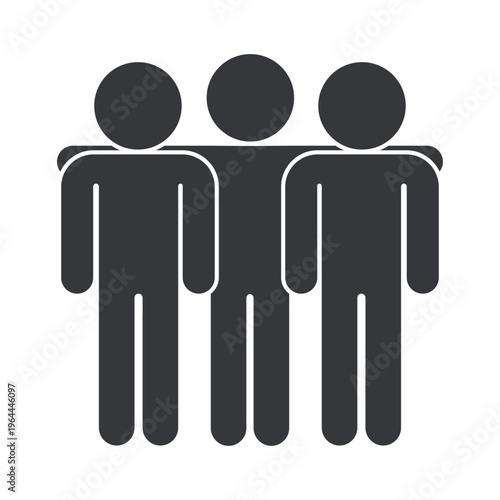 Isolated monochrome pictogram of people standing with arms around shoulders representing friendship, support, unity, teamwork, and social connection concept