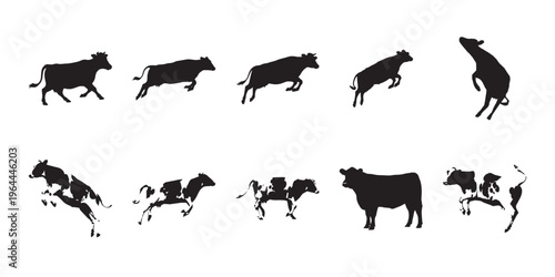 Dynamic cow silhouettes including running and jumping actions, full body isolated on white background. Ideal for energetic farm scenes and animal motion concepts.