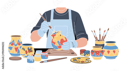 Artisan's Artistic Expression: An artisan is diligently immersed in the creative process of pottery painting. The scene evokes a sense of artistry and attention to detail. 