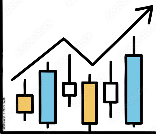 A growing stock market trend graph with increasing blue and yellow candlesticks