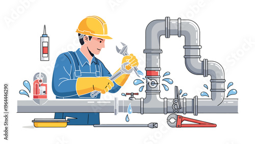 Plumber Fixing Pipe Leak: A skilled plumber repairs a leaky pipe with precision and expertise, demonstrating technical know-how and problem-solving skill.