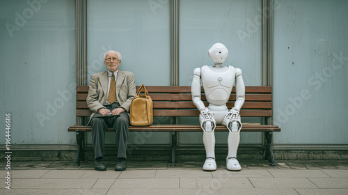 Man and AI robot waiting together on a bench, reflecting future of work and job market competition