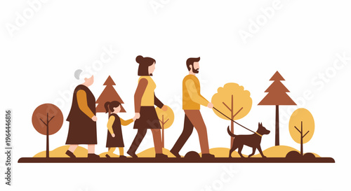 Multi-generational family enjoying a leisurely walk with their dog in a park, showcasing togetherness and outdoor recreation in a modern flat design illustration.