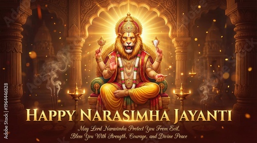 Lord Narasimha seated on a throne in a temple adorned with ornate pillars and glowing lamps celebrating Narasimha Jayanti a divine Hindu festival of strength and protection