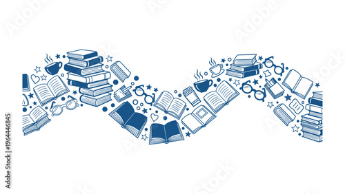 Literary Journey: A whimsical illustration of a flowing stream of books and reading-related items, inviting you on a journey into the world of stories and knowledge.