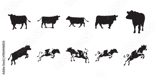 animal cow silhouettes in various poses and activities, full body side view isolated on white background. Great for agriculture, livestock, and rural design.