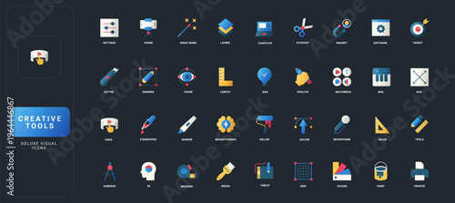 Gradient flat style icons set with creative digital tools, design elements, multimedia, measurement, and artistic equipment on dark UI background vector illustration.