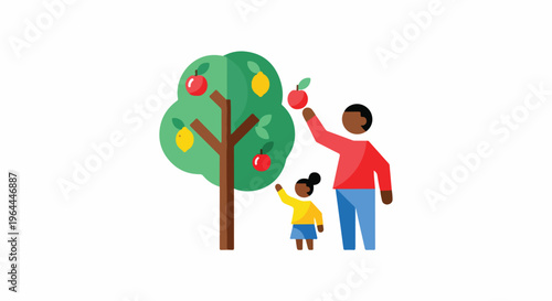 Father and daughter picking apples from a tree in a flat illustration style, representing family bonding and healthy eating.