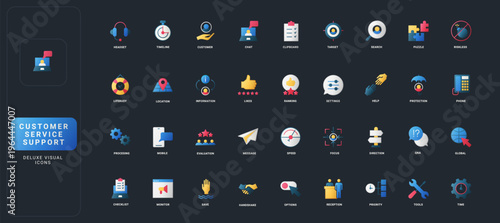 Gradient flat style icons set with customer service, communication, support tools, feedback, and workflow elements on dark UI background vector illustration.