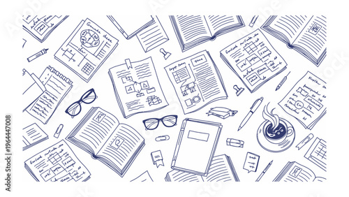 Organized Study Session: An overhead perspective of a study setup, filled with books, documents, and other materials, suggesting an environment of focused learning and preparation.