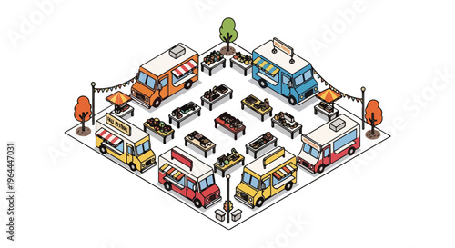 Isometric view of a vibrant food truck festival with diverse cuisines and outdoor seating, celebrating street food culture
