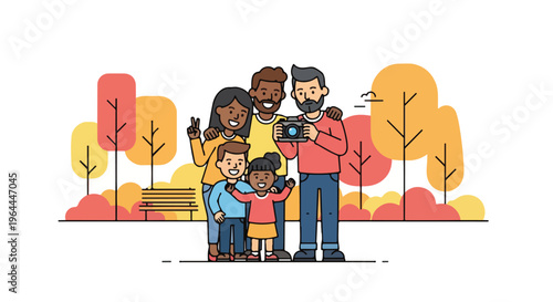 Happy diverse family taking a selfie in park with autumn trees and colorful foliage, vector illustration
