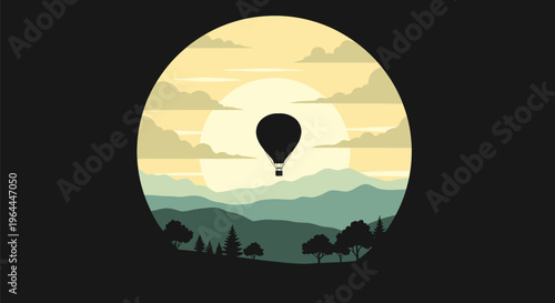 Hot air balloon soaring gracefully over a serene mountain landscape at sunrise.