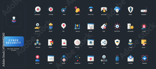 Gradient flat style icons set with cyber security, data protection, network safety, hacking, cloud, coding, and digital privacy on dark UI background vector illustration.