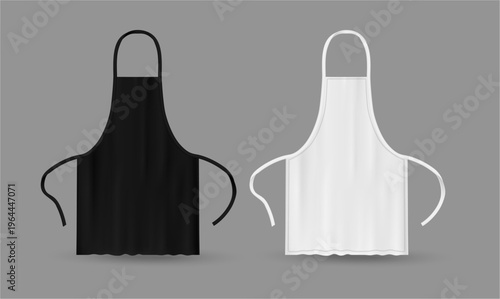 Kitchen aprons set. Vector chef uniform for cooking. Kitchen protective shields mockup. Bakery staff bibs or pinafore with strings. Restaurant, cafe or barbecue party garment design