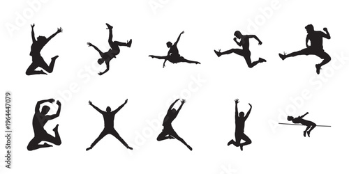 Creative jumping actions with diverse angles and gestures, clean vector silhouettes on white background. Perfect for energetic themes and motion concepts.