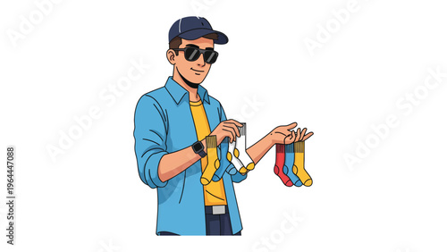 Stylish Sock Selection: A casually dressed individual, sporting sunglasses and a cap, showcases a vibrant array of socks, epitomizing style and personal expression.