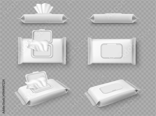 Tissues and wet wipes from different angles. Vector realistic style, isolate set of mockup paper products for personal care and hygiene, cosmetics removal or kids disposable towels, handkerchiefs